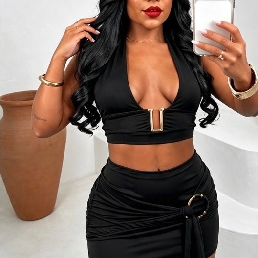 Conjunto feminino,Tecido Suplex,Luxo com Fivela Dourada,Verão Drapeado Premium , Conjunto Com Cropped  Decotado Feminino – Vale a pena? Analise 2026